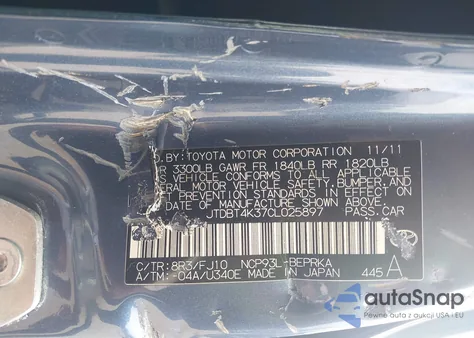 2012 Toyota Yaris z USA, uszkodzony, nr VIN JTDBT4K37CL025897